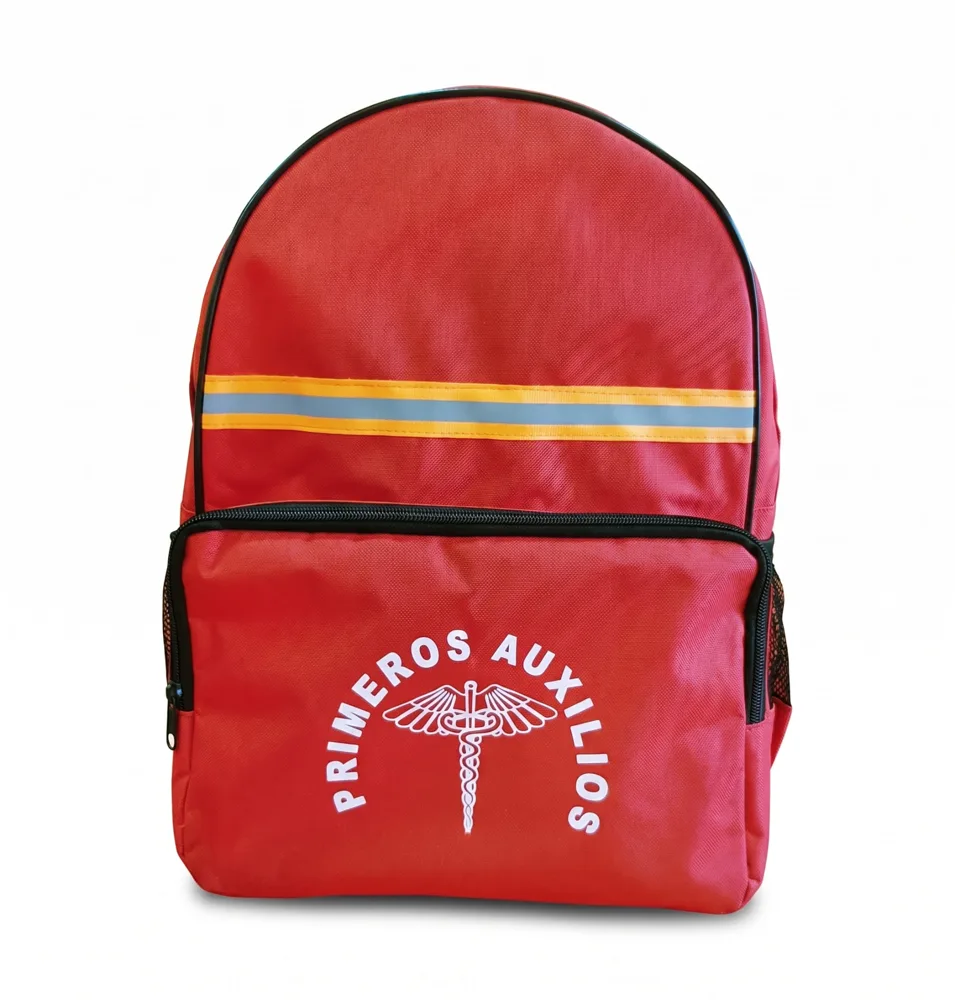 Morral rojo de primeros auxilios con cinta reflectiva y logo caduceo