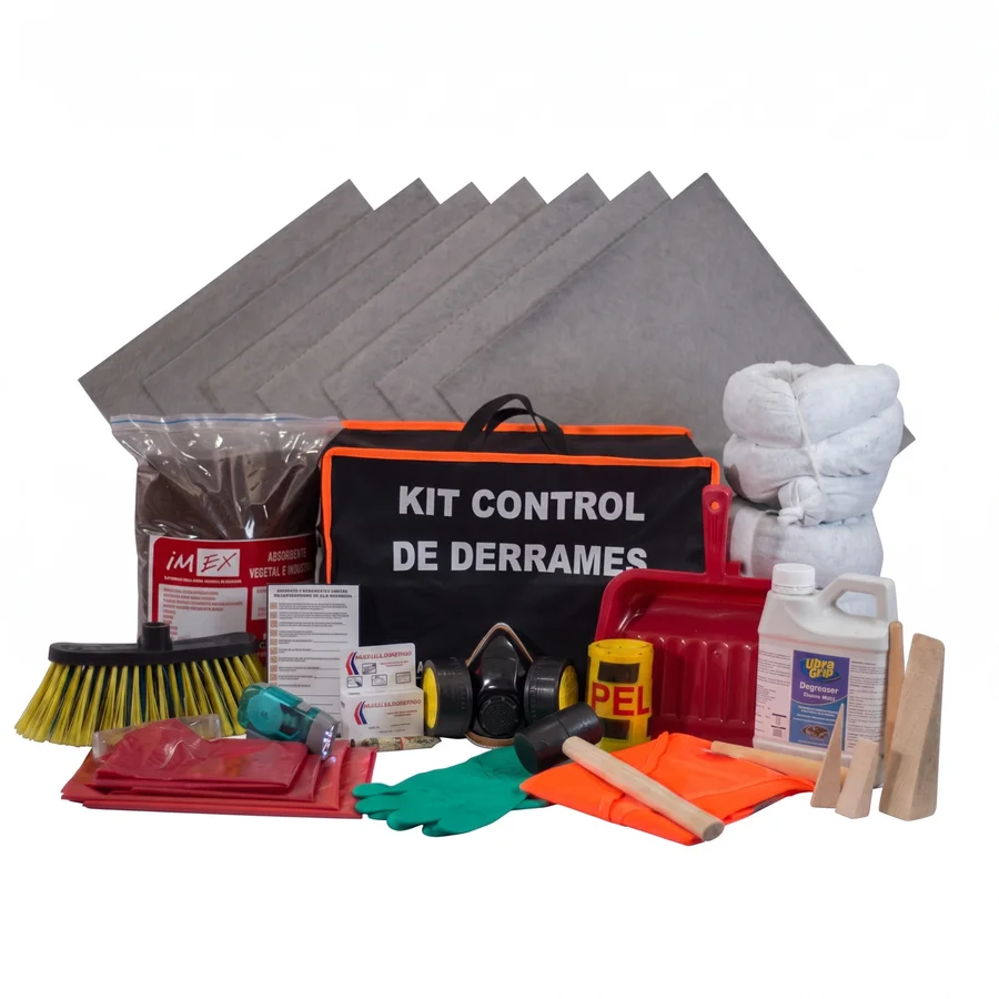 Kit de derrames con absorbentes tipo calcetín y almohadillas sobre fondo blanco