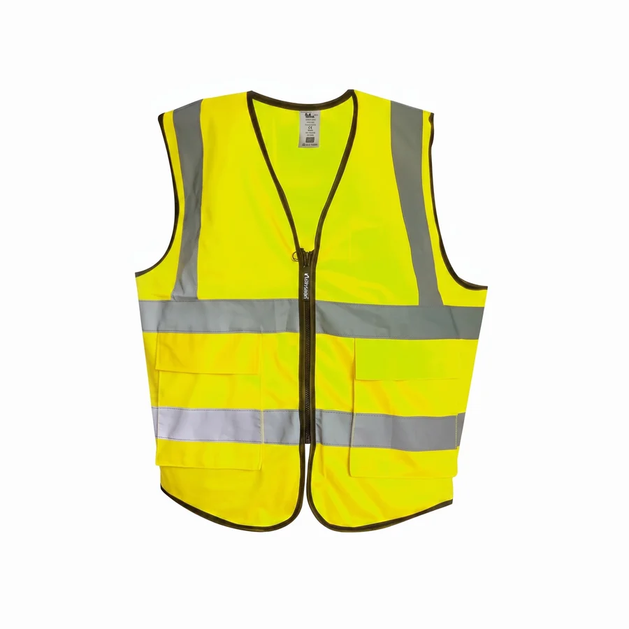 Chaleco de seguridad amarillo con cintas reflectivas grises y cierre frontal