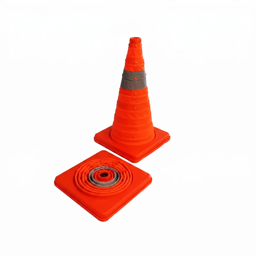 Cono señalizador plegable amarillo con base naranja y leyenda CUIDADO PISO MOJADO