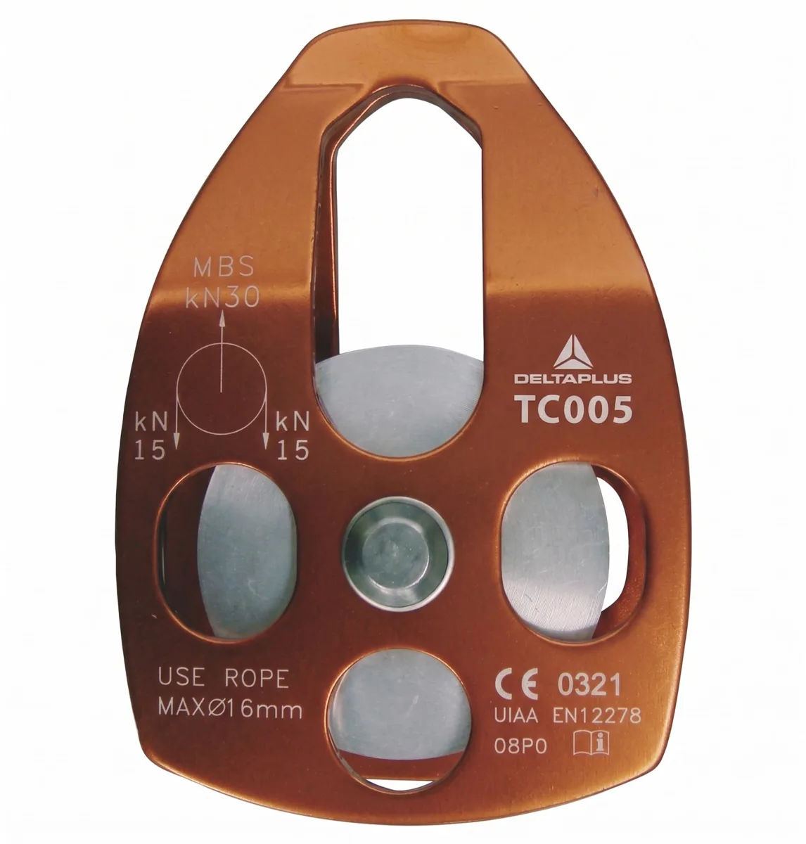 Polea simple de aluminio naranja marcada TC005 sobre fondo blanco