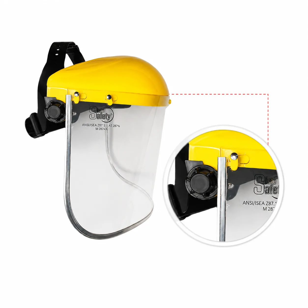 Careta facial con copa amarilla, visor transparente y arnés de cabeza negro sobre fondo blanco