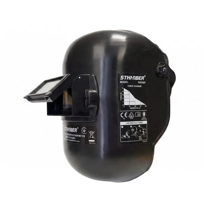 Careta de soldadura negra tipo casco con visor abatible levantado sobre fondo blanco
