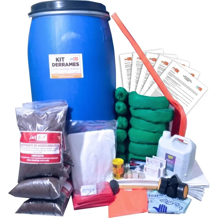 Bolsa azul de kit de derrames con absorbentes y elementos de protección