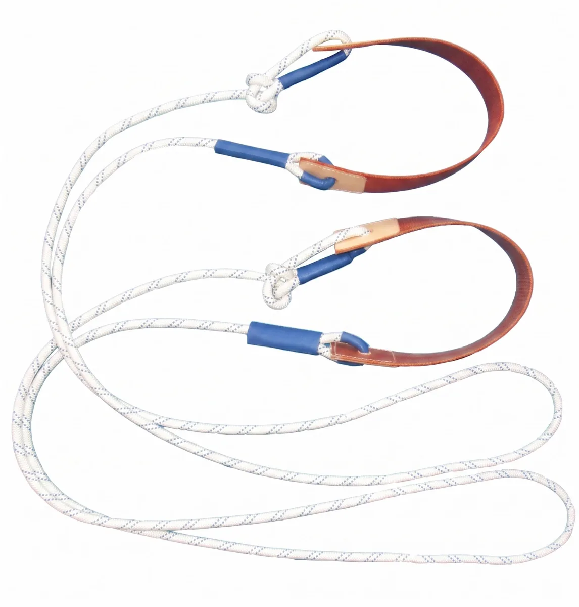 Eslinga de cuerda blanca con protectores azules y naranjas sobre fondo blanco