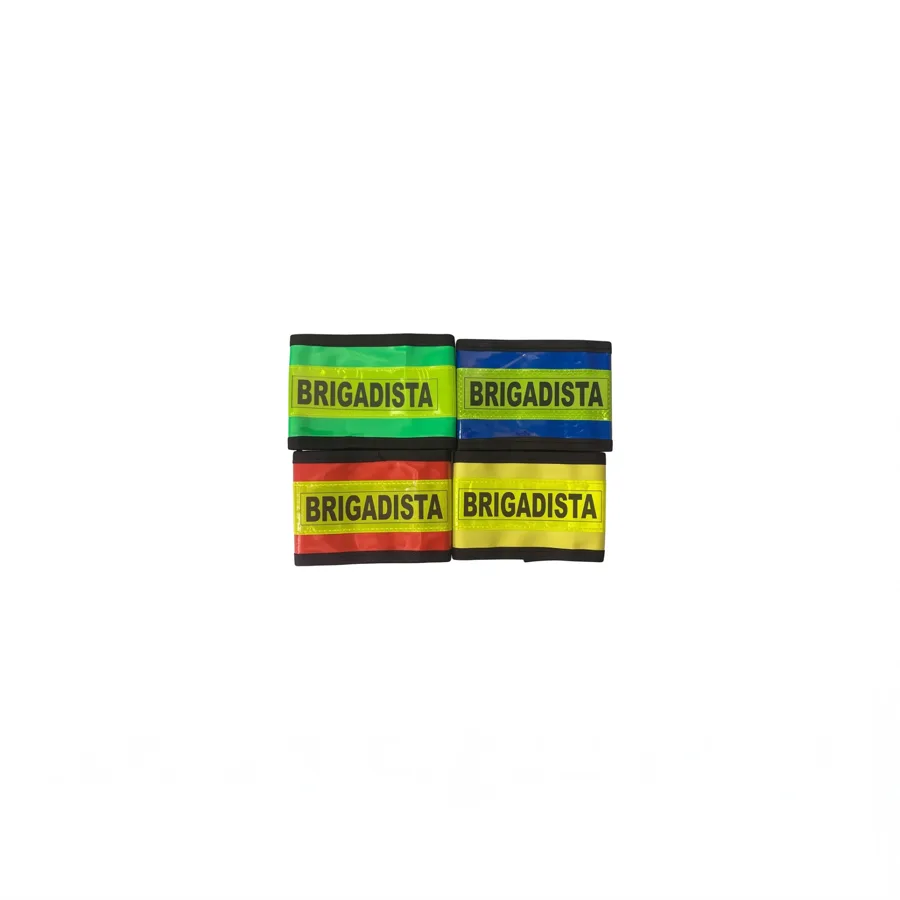 Cuatro brazaletes reflectivos verde, azul, rojo y amarillo marcados BRIGADISTA