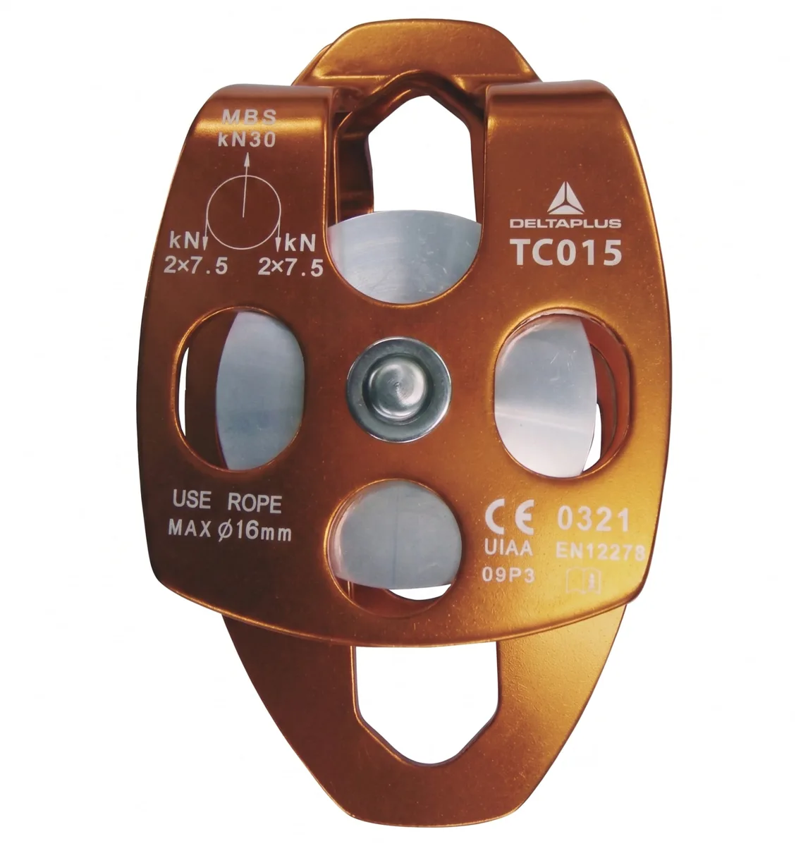 Polea doble de aluminio naranja marcada TC015 sobre fondo blanco