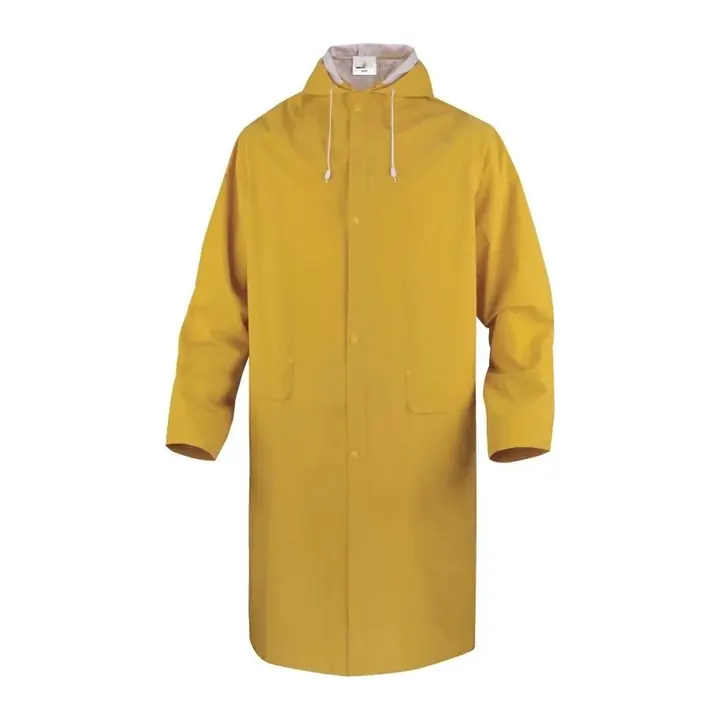 Abrigo de lluvia amarillo con capucha sobre fondo blanco