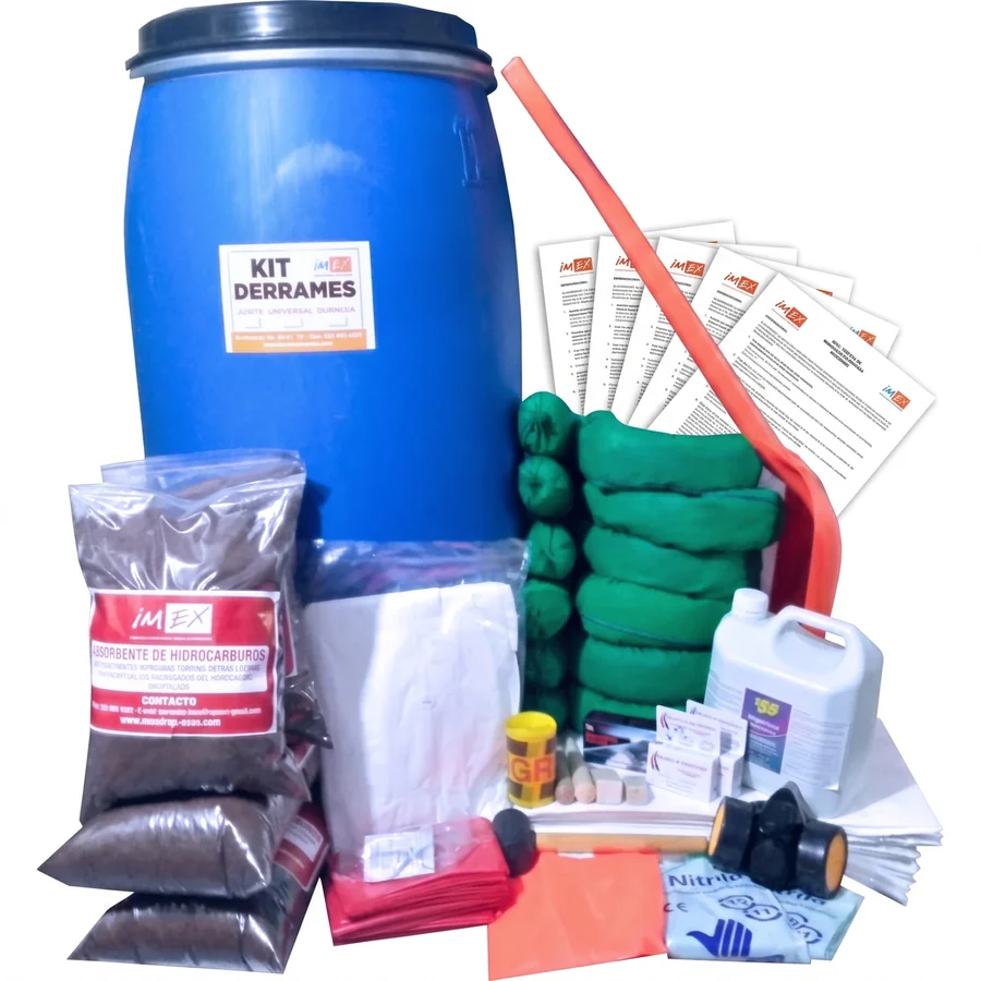 Bolsa azul de kit de derrames con absorbentes y elementos de protección