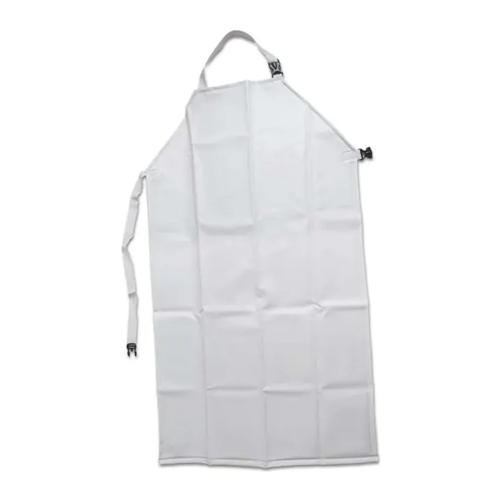 Delantal impermeable en PVC blanco con hebilla sobre fondo blanco