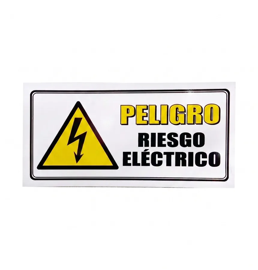 Aviso blanco horizontal con pictograma de riesgo eléctrico y texto PELIGRO RIESGO ELÉCTRICO