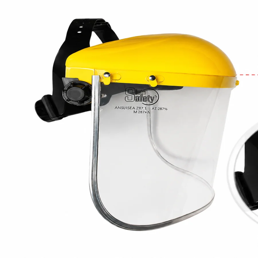 Careta facial con visor transparente de policarbonato y adaptador amarillo sobre fondo blanco