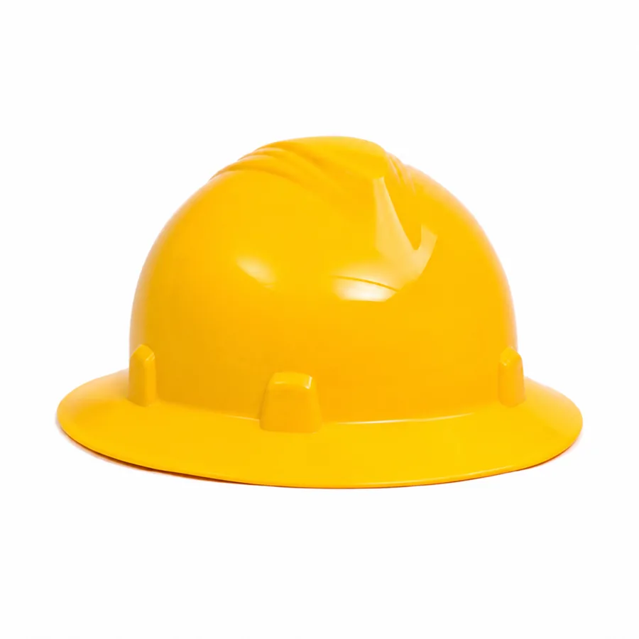 Casco de seguridad amarillo de ala ancha 360 grados sobre fondo blanco