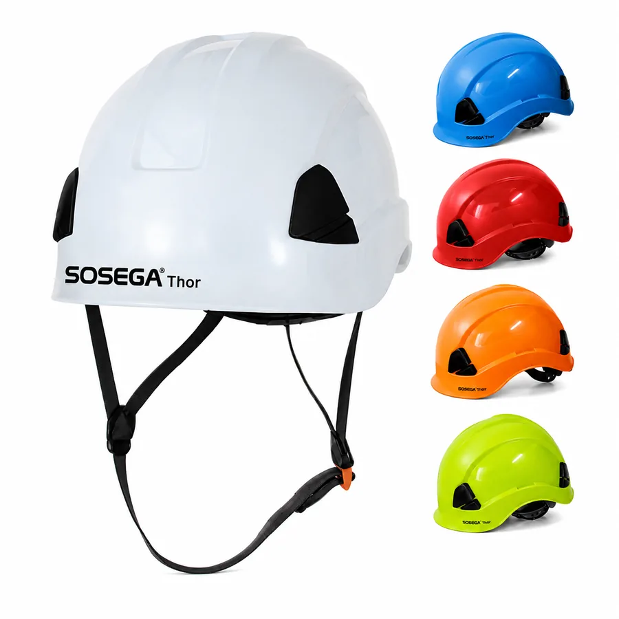 Casco tipo escalador blanco ventilado con barbuquejo y variantes azul, roja, naranja y verde sobre fondo blanco