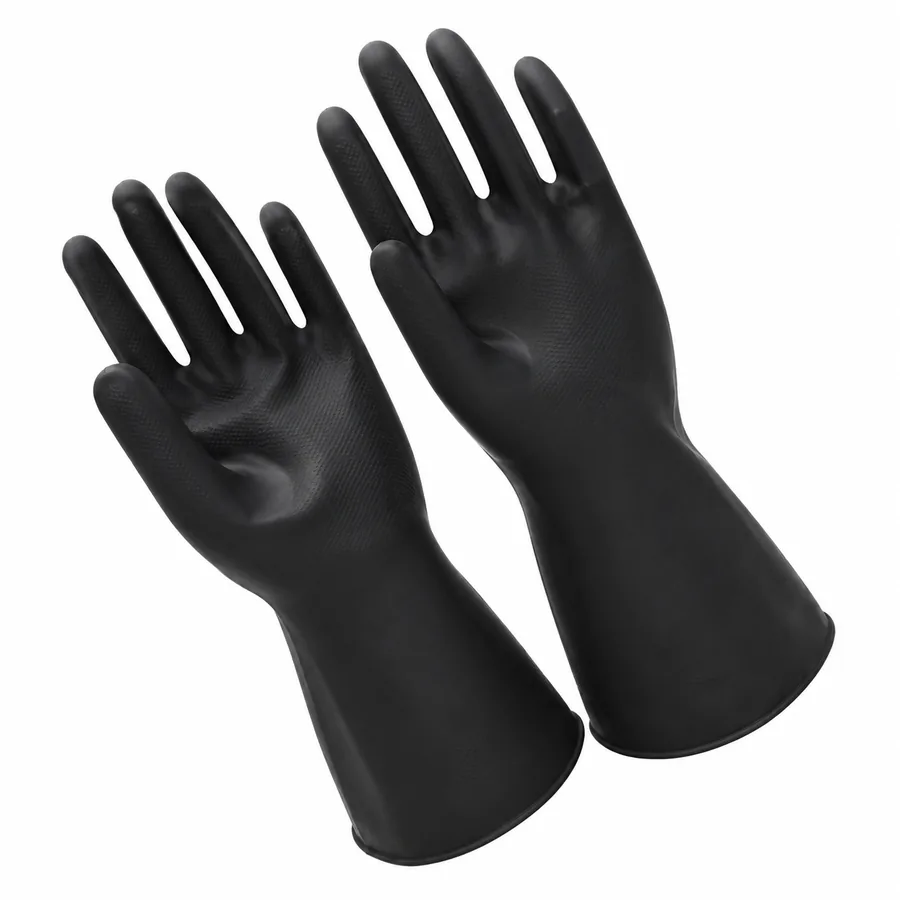 Guante negro de neopreno de puño largo para manejo de químicos sobre fondo blanco