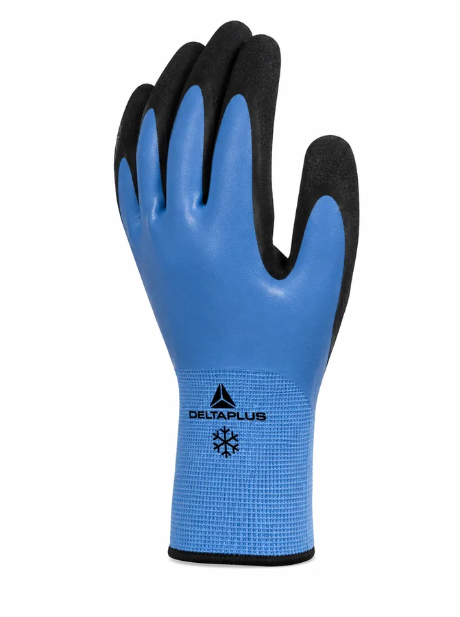 Guante térmico azul y negro para bajas temperaturas con forro acrílico sobre fondo blanco